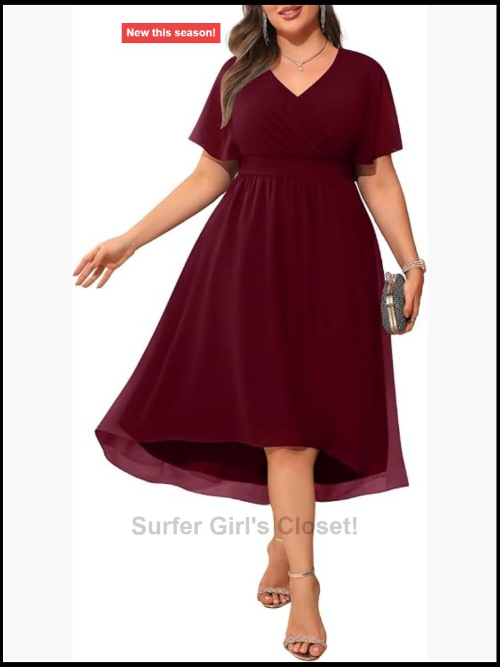 Plus Size Wedding Guest Chiffon High Low Midi Dress V-Neck Flutter Sleeve